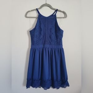 Francesca's London Mesh A-Line Blue Lace High-Neck Dress